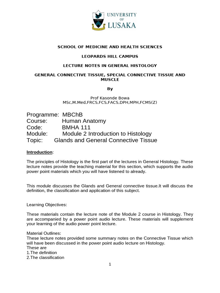 Lecture Notes in General Histology Glands and General Connective Tissue ...