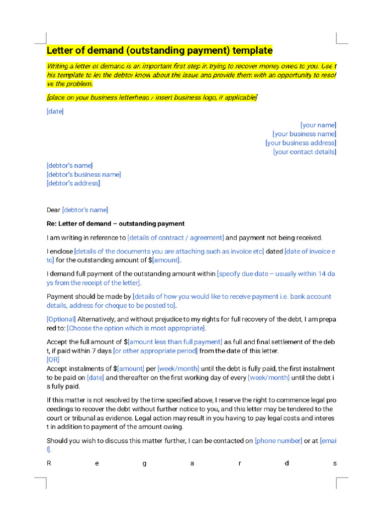 Letter of Demand Outstanding Payment Template Queensland Small Business ...