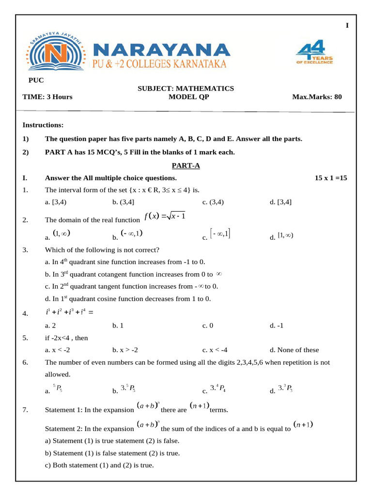 I Puc Mathematics Model QP | PDF | Trigonometric Functions | Mathematics