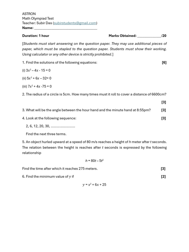 Math Olympiad Test - October 28, 2025 | PDF