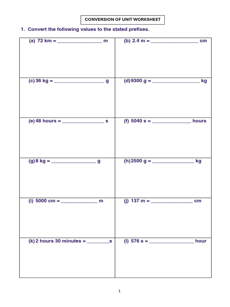 Conversion of Unit Worksheet | PDF