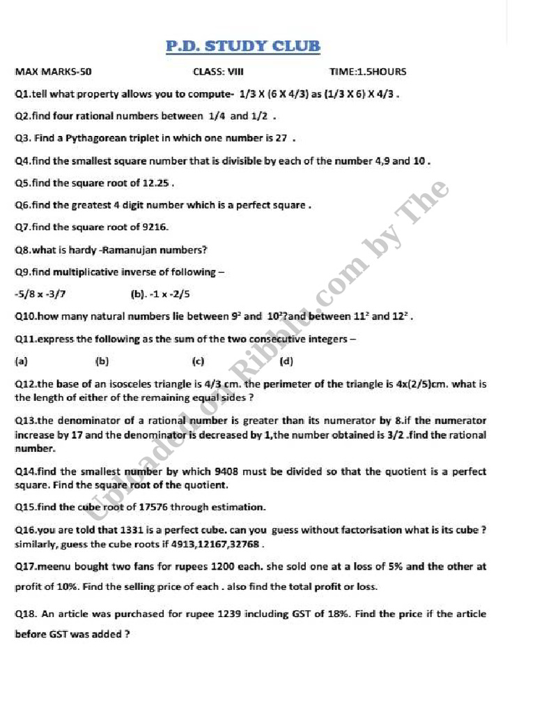Class 8 Mathematics Test Paper 50 Marks | PDF