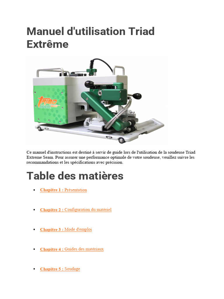 Manuel D'utilisation Triad Machine de Soudure | PDF | Soudage ...