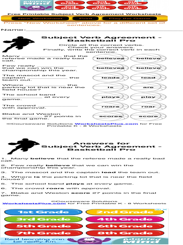Subject Verb Agreement Worksheet - Free Printable Fourth Grade Grammar ...