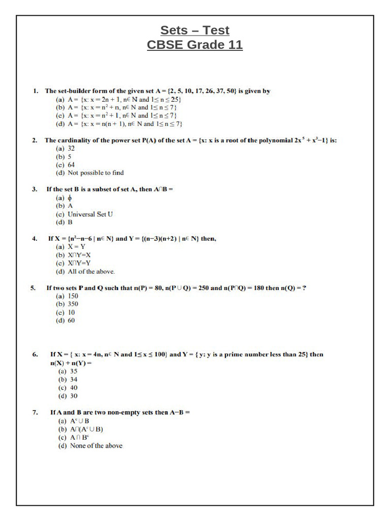 Sets - Test CBSE 11 | PDF