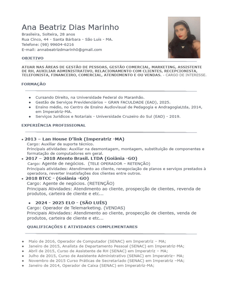 Anna Beatriz - CV Atualizado | PDF | Educação à distância | Atendimento ...