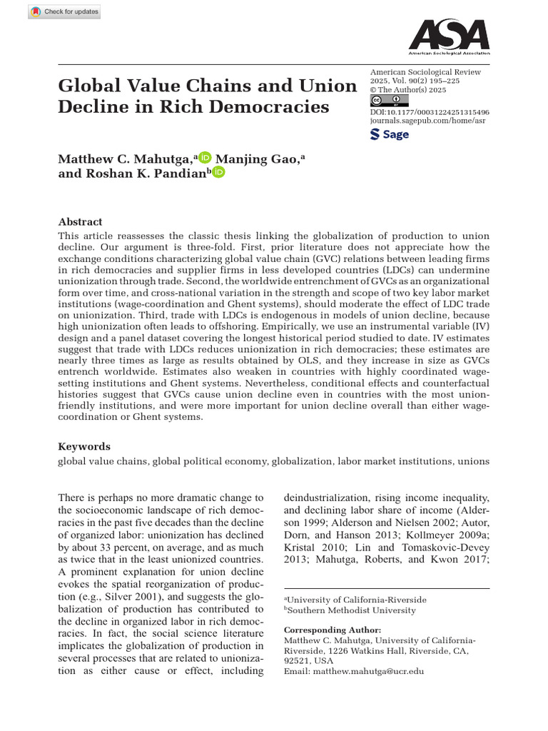 Global Value Chains and Union Decline in Rich Democracies | PDF | Economies