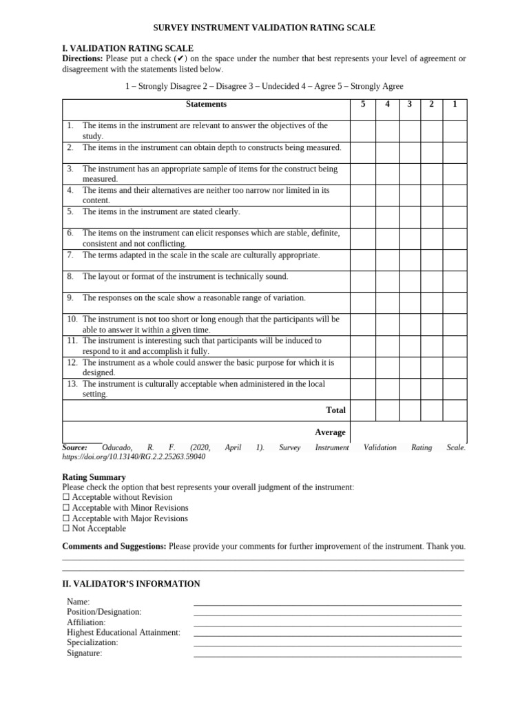 Survey Instrument Validation Rating Scale Form | PDF | Chess Theory | Chess