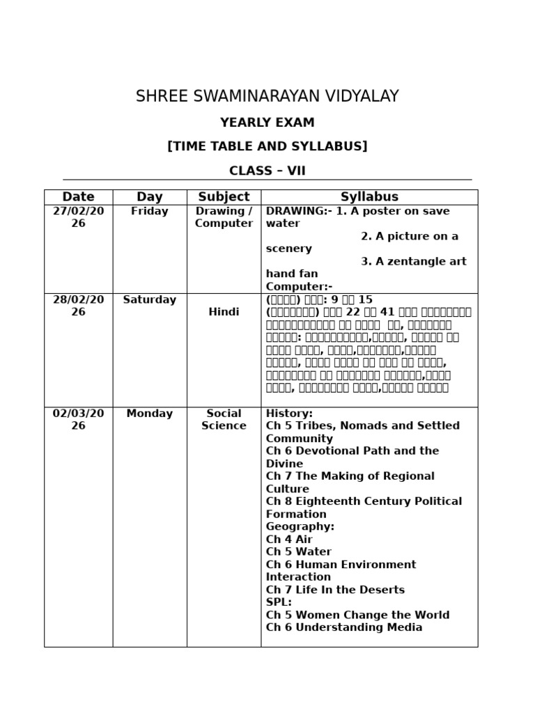 Grade VII Yearly Exam Syllabus N Time Table | PDF | Syntax | Grammar