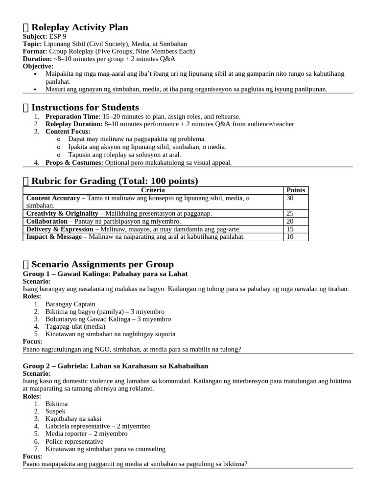 ? Roleplay Activity Plan | PDF