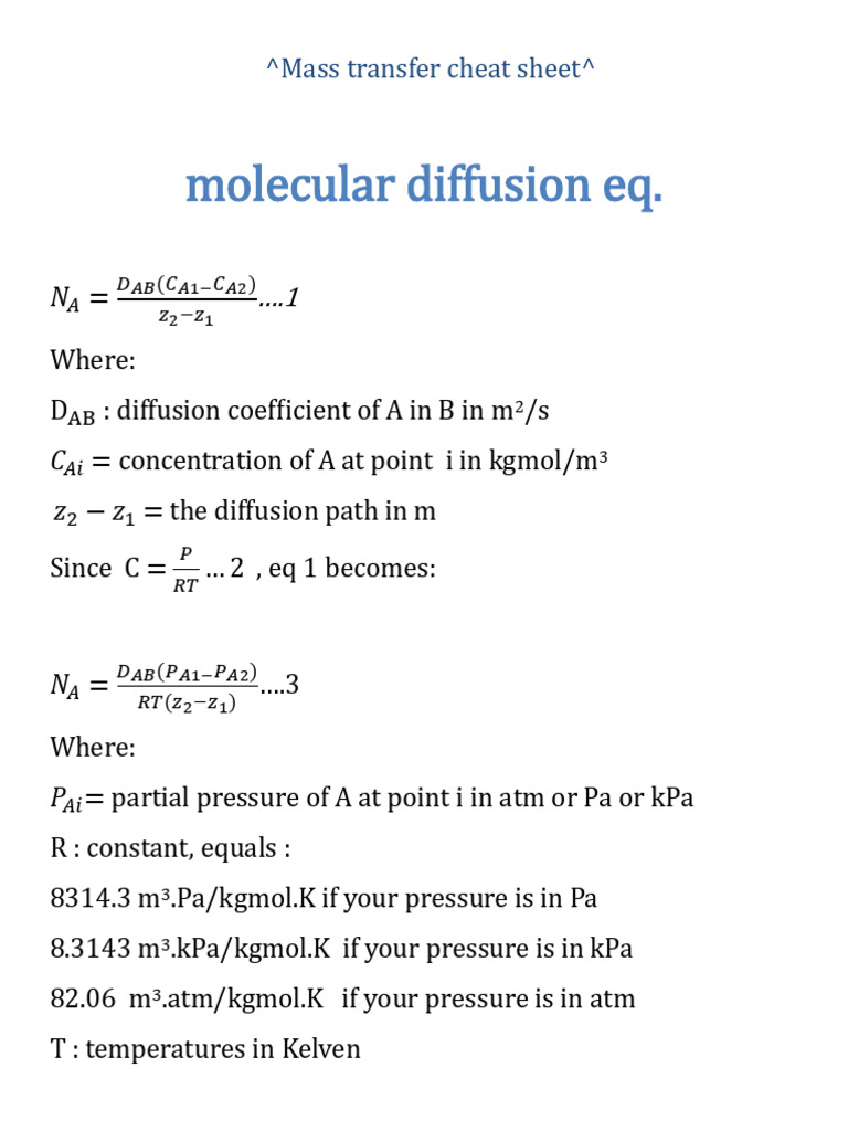 Mass Transfer Cheat Sheet | PDF | Diffusion | Gases