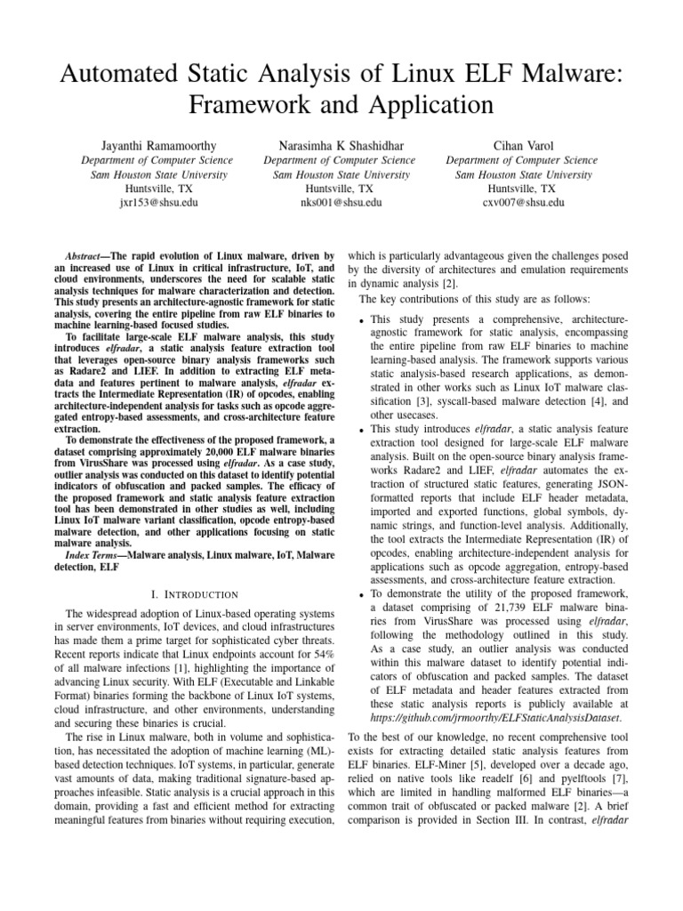 Automated Static Analysis of Linux ELF Malware Framework and ...