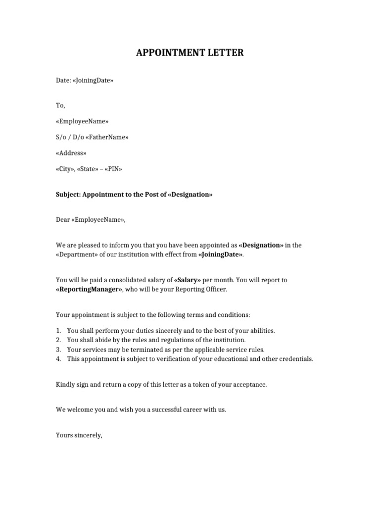 Formatted Appointment Letter MailMerge | PDF