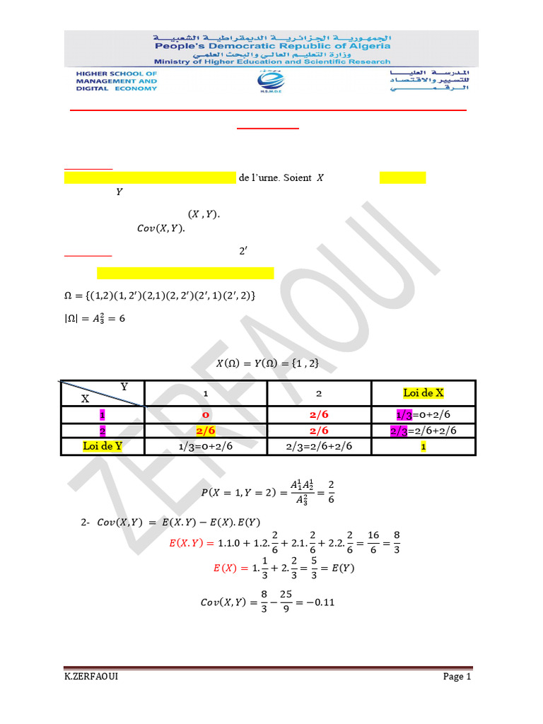Exo + Corrigé Couple v. A Discrète | PDF | Théorie des probabilités ...