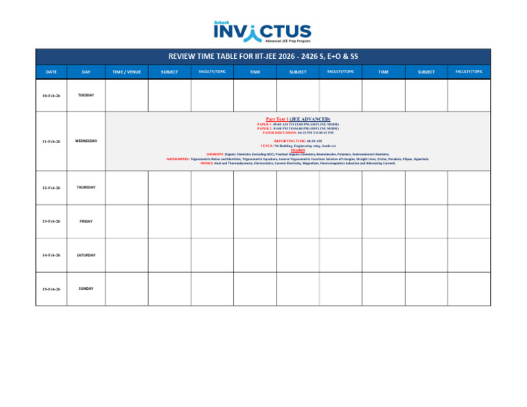 Review Time Table - S, O+e & Ss - 10 Feb To 15 Feb 2026 | PDF