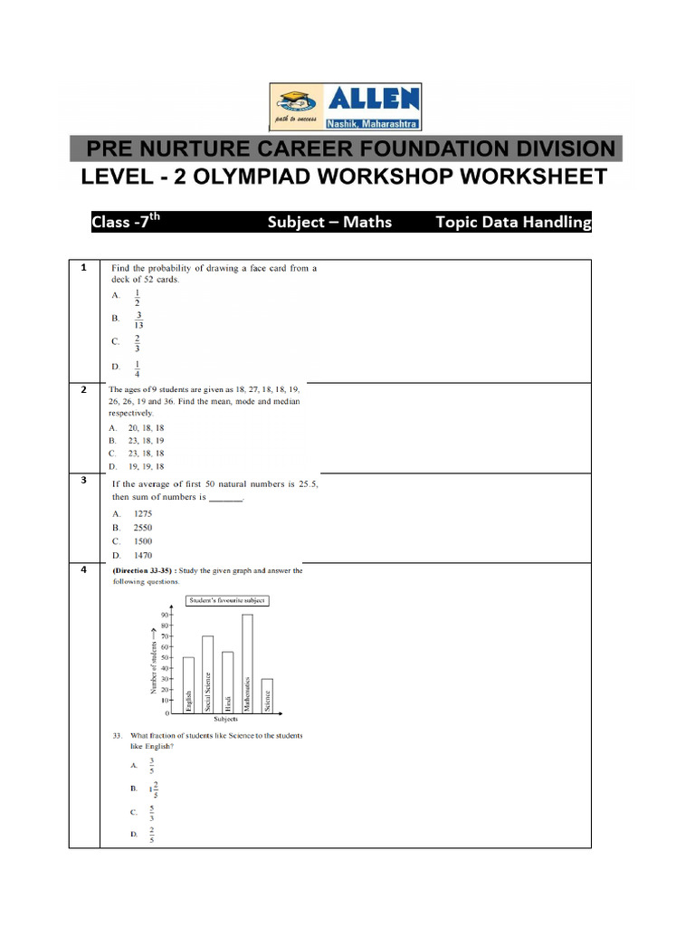 7th - Maths - Data Handling Worksheet | PDF