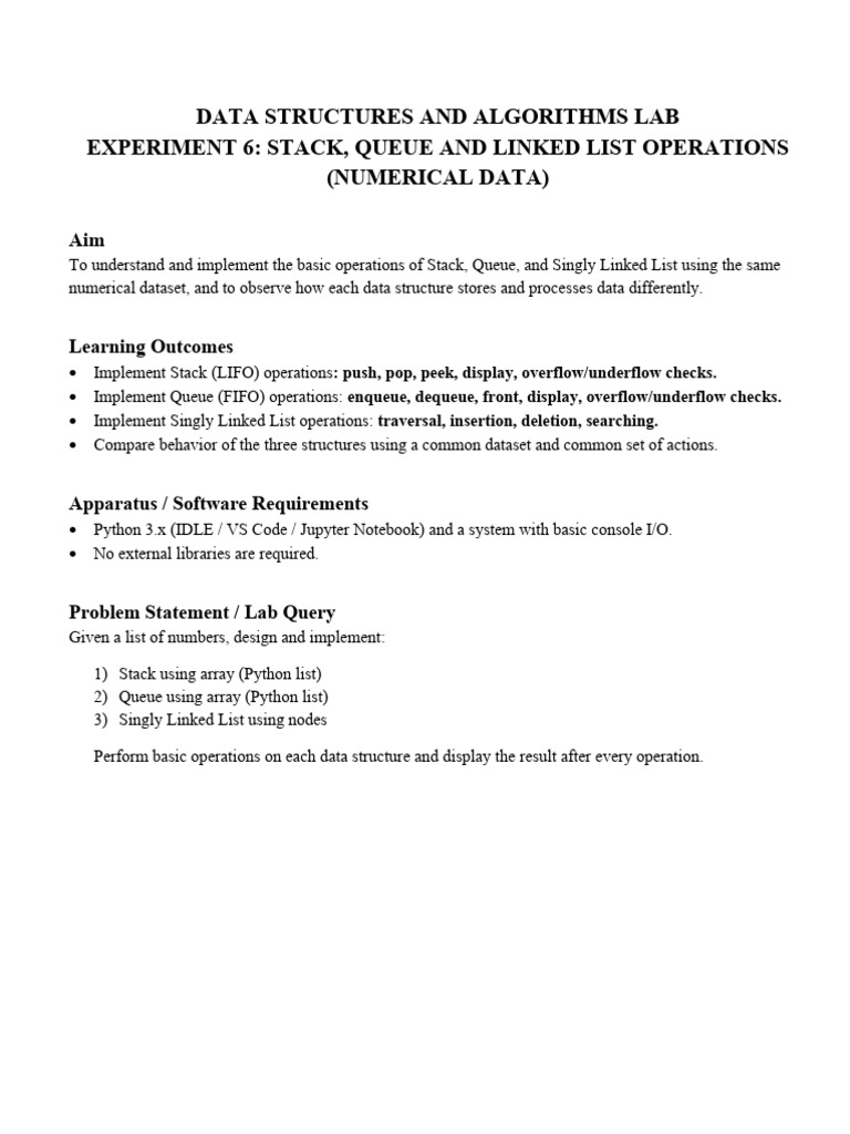 Experiment-6 Stack Queue Linked List | PDF | Queue (Abstract Data Type ...
