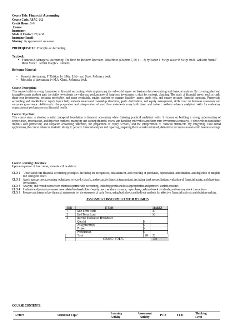 Course Outline - Financial Accounting (Fall, 2025) | PDF | Equity ...