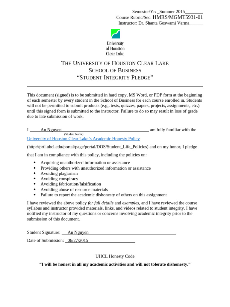 UHCL Student Integrity Pledge Semester Final | PDF