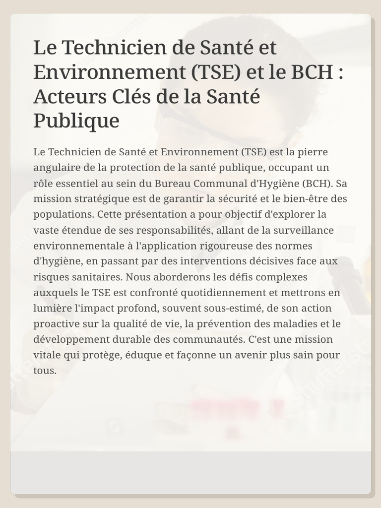 Le Technicien de Sante Et Environnement TSE Et Le BCH Acteurs Cles de ...
