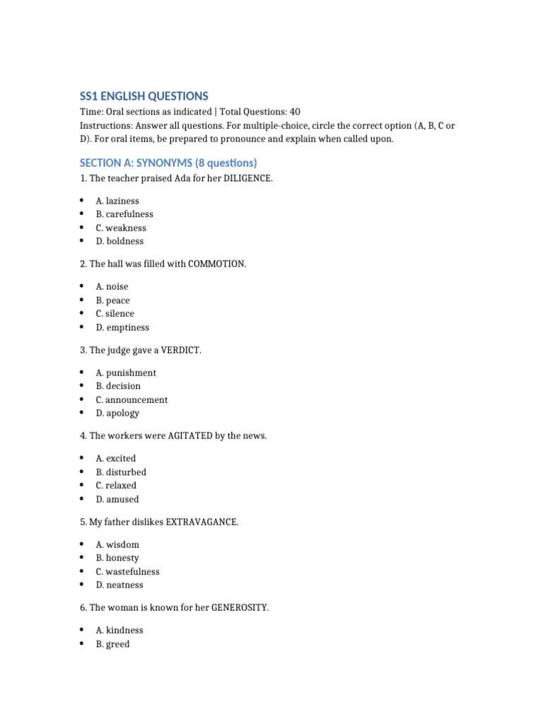 SS1 English Test With Options | PDF | Syllable | Tractor