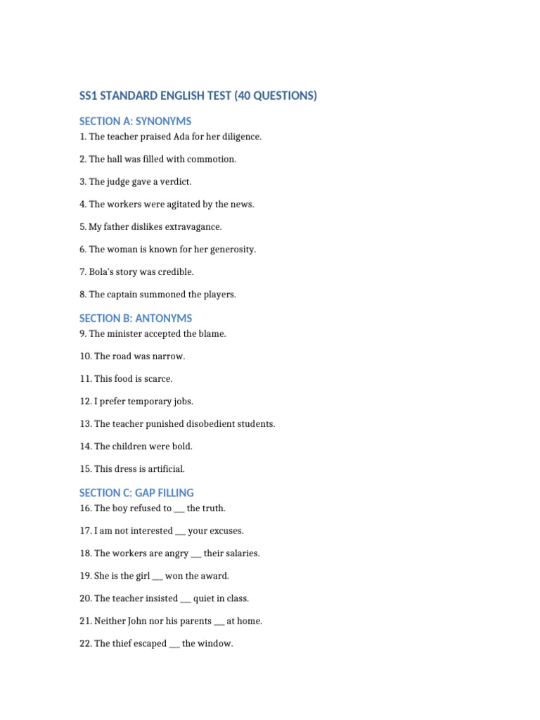 SS1 English Test | PDF