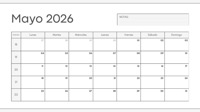 Calendario Mensual Mayo Año 2026 Simple Sencillo Blanco y Gris | PDF