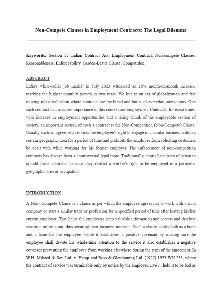 Non-Compete Clauses in Employment Contracts - The Legal Dilemma | PDF ...