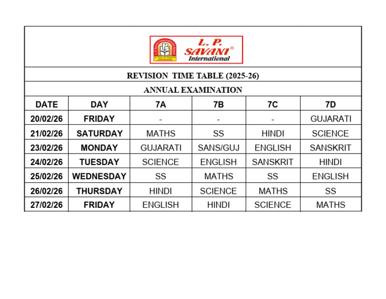Garde 7 Revision Time Table of Annual Exam 2025-26 | PDF