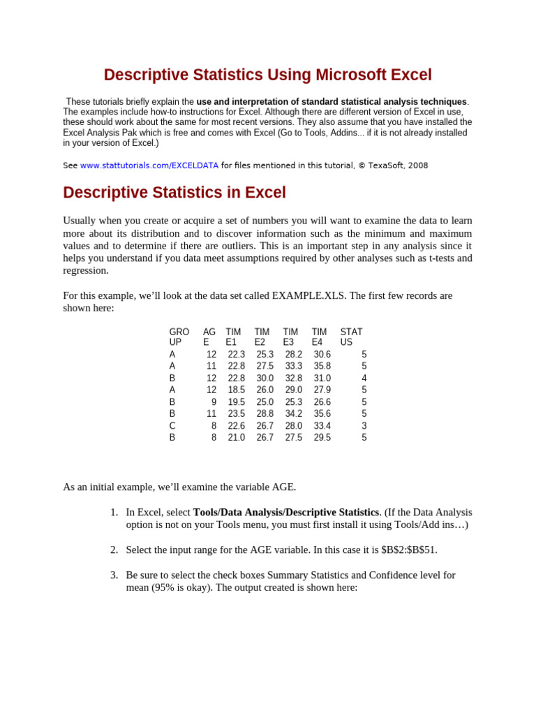 Descriptive Statistics Using Microsoft Excel | PDF | Histogram | Skewness