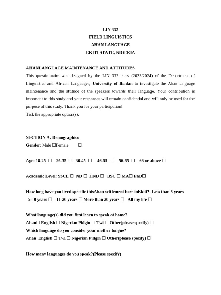 Edited Version of Sociolinguistics Questionnaire | PDF | First Language ...