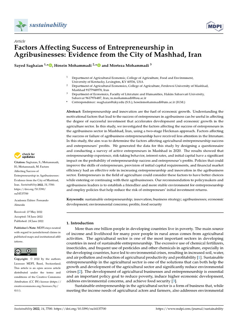 Factors Affecting Success of Entrepreneurship in Agribusinesses ...