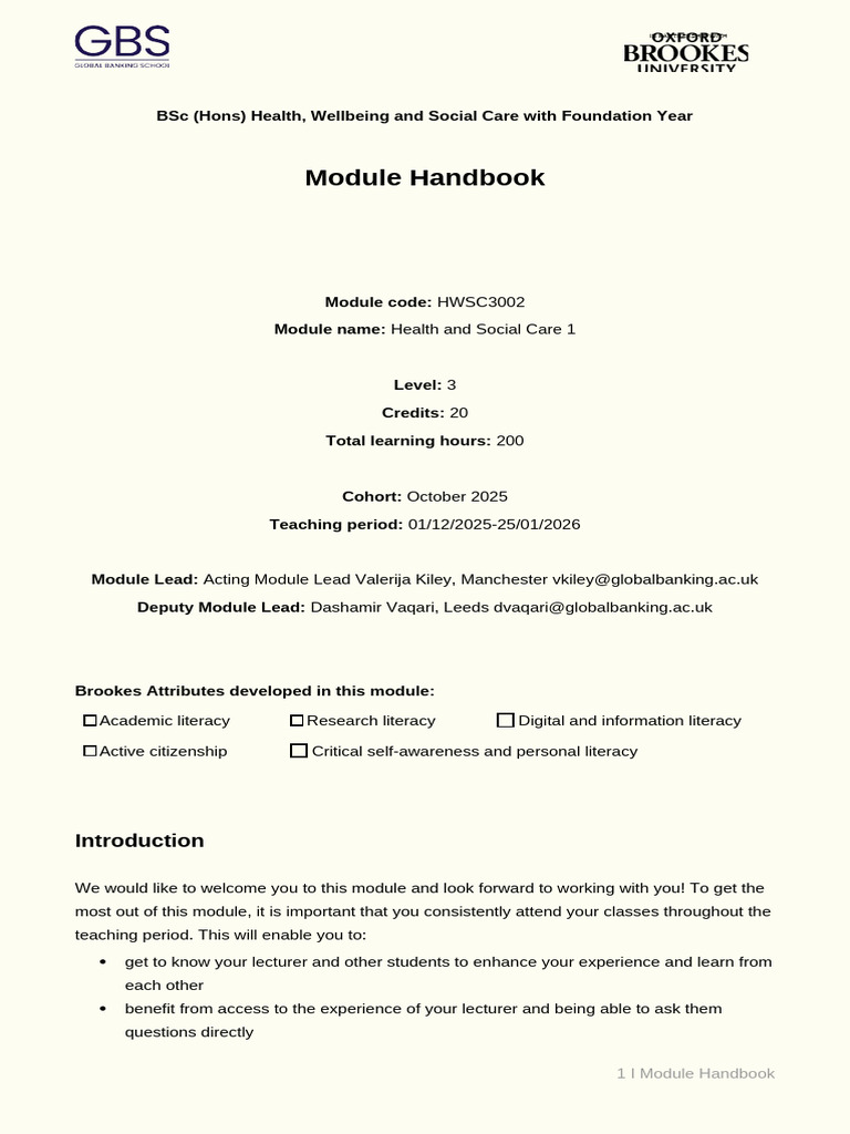 HWSC3002 Oct 25 Health and Social Care 1 Module Handbook v4 | PDF ...