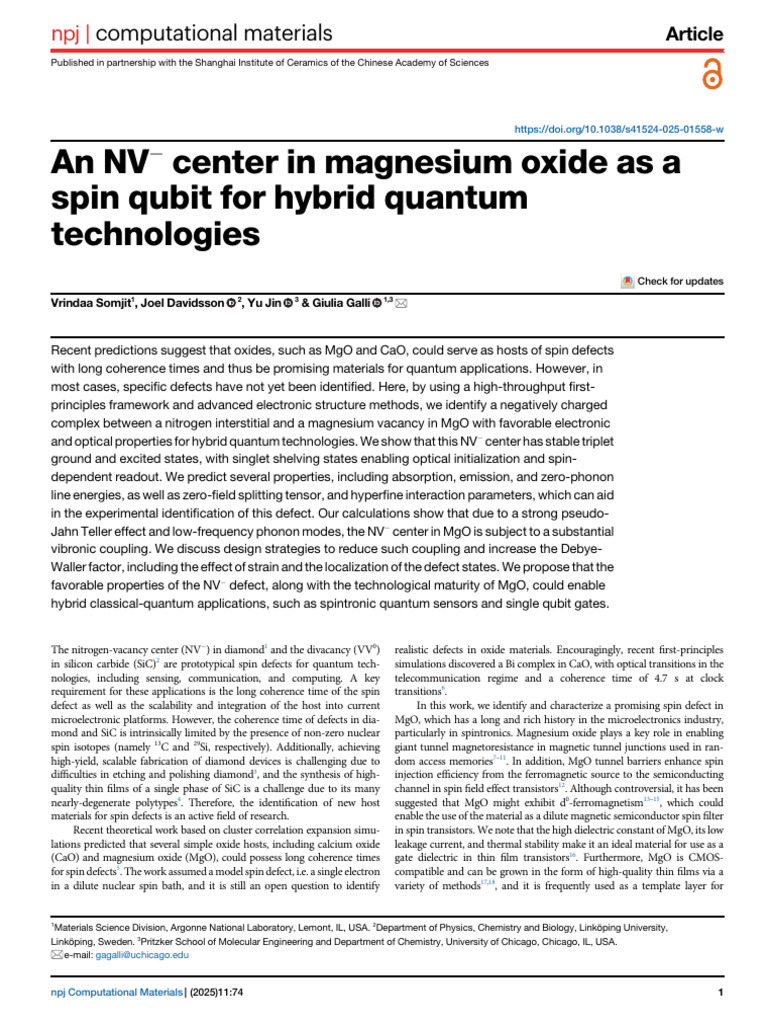An NV Center in Magnesium Oxide As A Spin Qubit For Hybrid Quantum ...