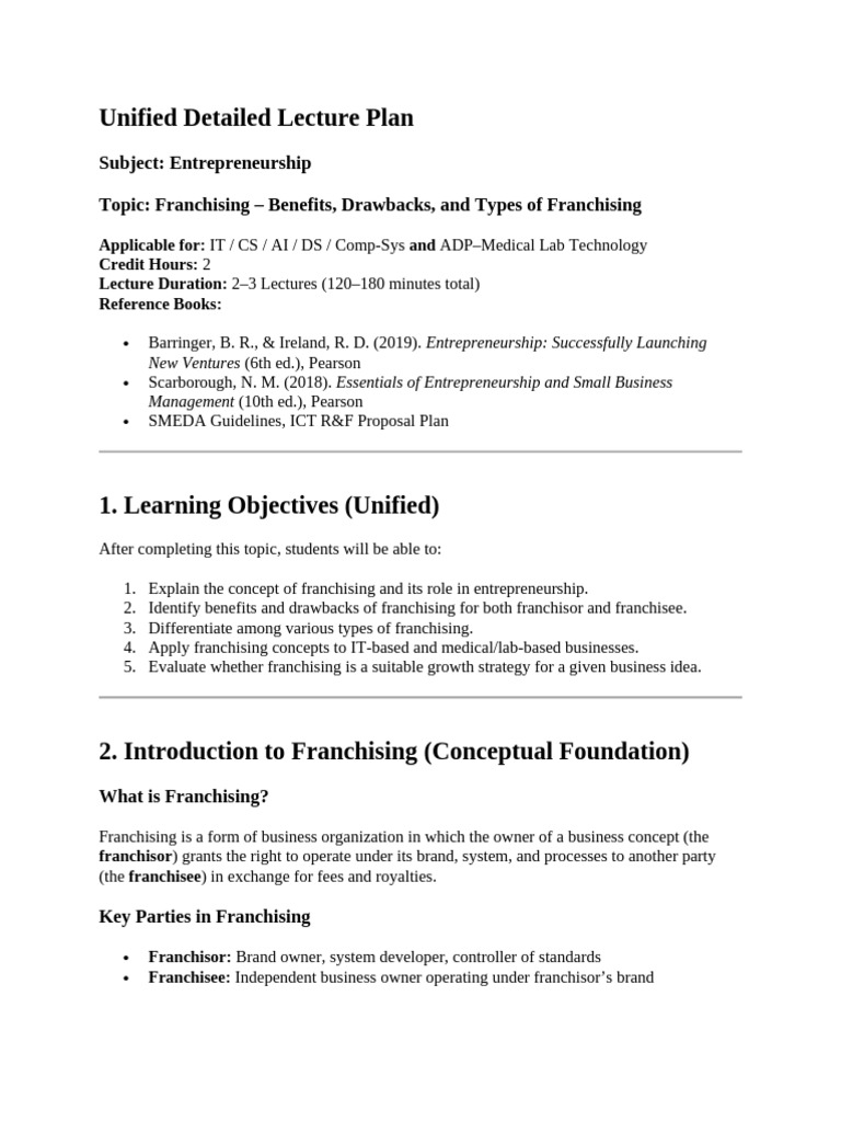 Unified Detailed Lecture Plan MLT & CSYS | PDF | Franchising | Royalty ...