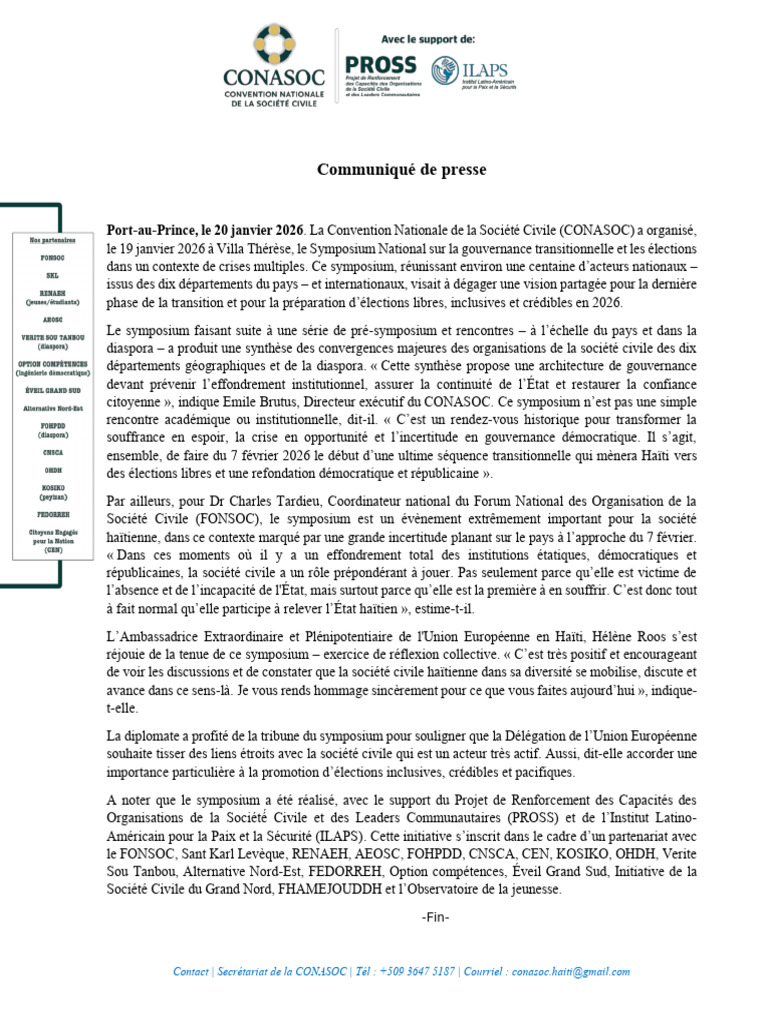 Communiqué - CONSOC - 20 Janvier 26 | PDF | Haïti | Société civile