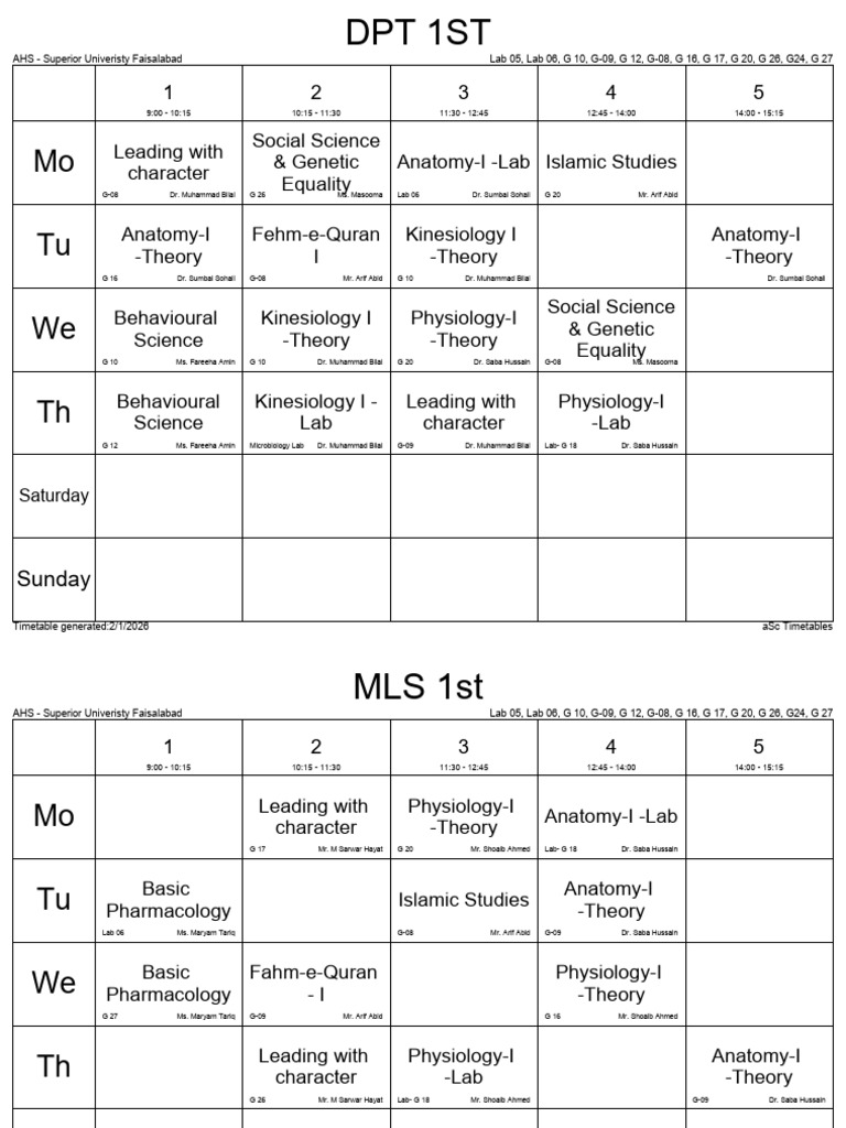 Ahs Timetable (Classes) 1st Feb | PDF | Clinical Medicine | Life Sciences
