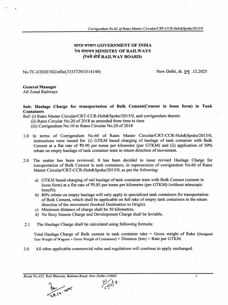 Haulage Charge For Transportation of Bulk Cement (Cement in Loose Form ...