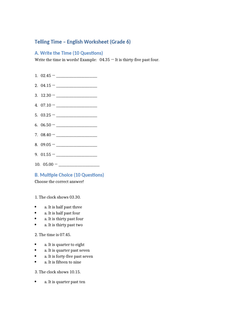 Telling Time Grade6 Complete | PDF | Chess Theory