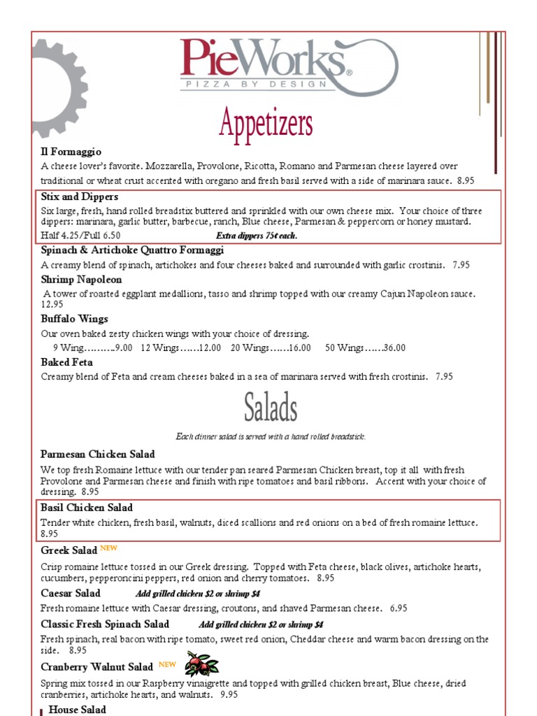 PieWorks Pizza by Design Menu Download Free PDF Tomato Sauce Salad