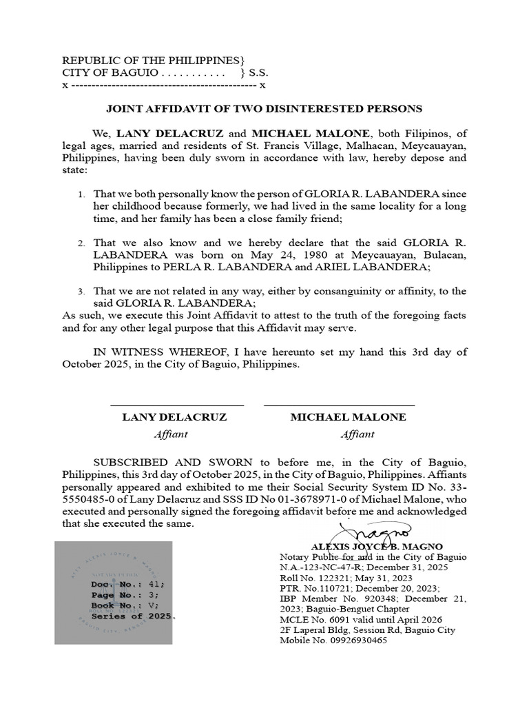 Joint Affidavit of Two Disinterested Persons | PDF | Affidavit | Evidence