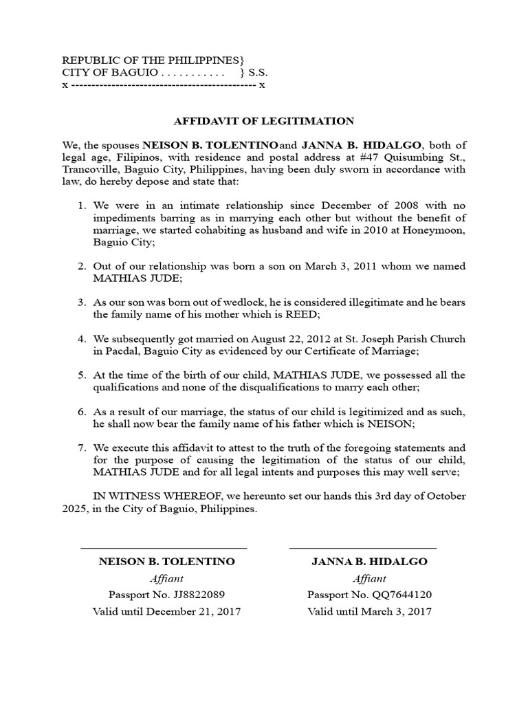 Affidavit of Legitimation | PDF | Affidavit | Marriage