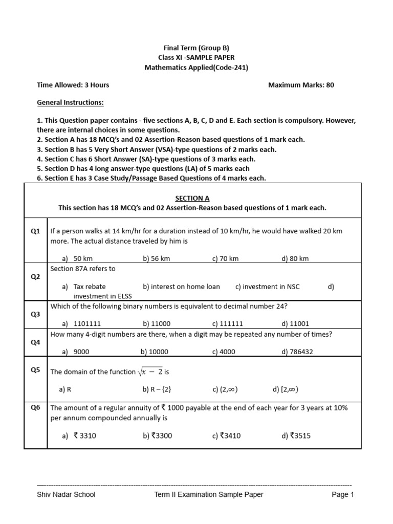 G11.SamplePaper - Term2.math Applied (25 26) | PDF | Taxes | Income