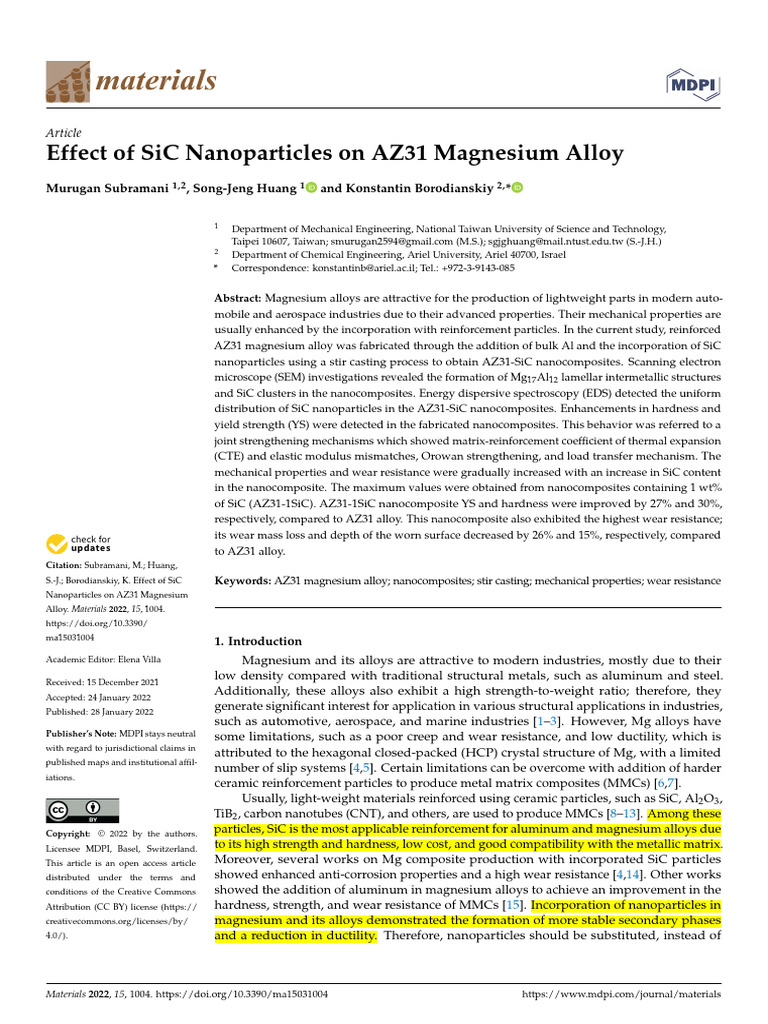Effect of SiC Nanoparticles On AZ31 Magnesium Alloy | PDF ...