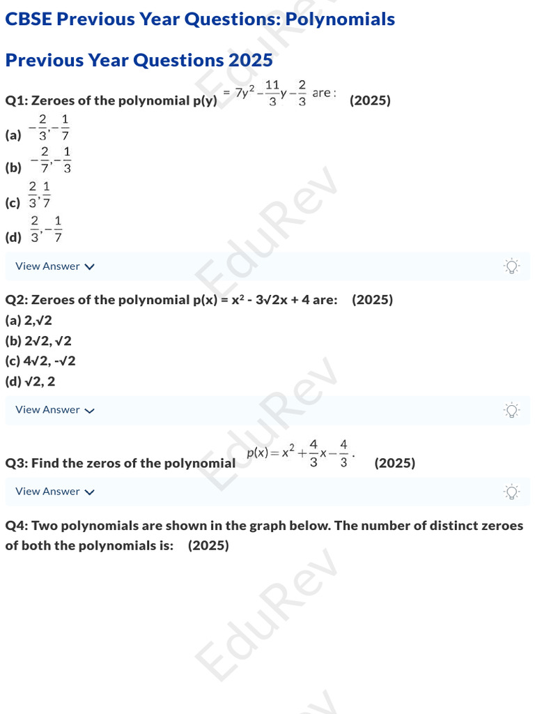EduRev - CBSE Previous Year Questions - Polynomials | PDF | Zero Of A ...