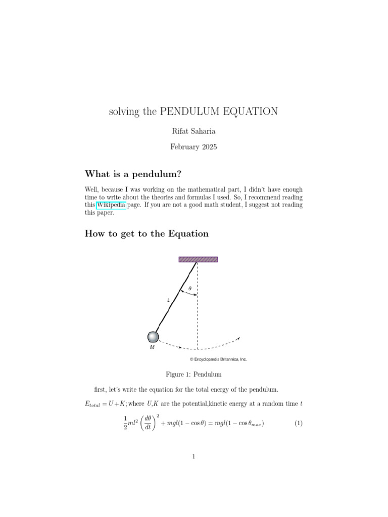 Solving The Pendulum Equation | PDF | Equations | Physics