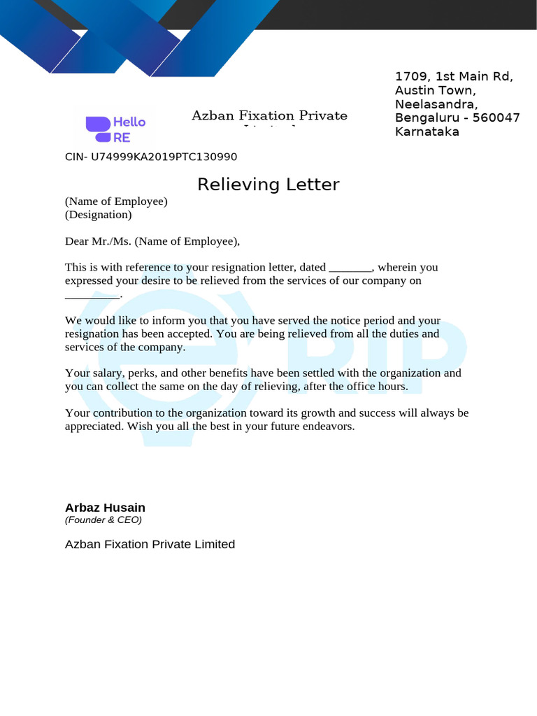 Relieving Letter Format | PDF