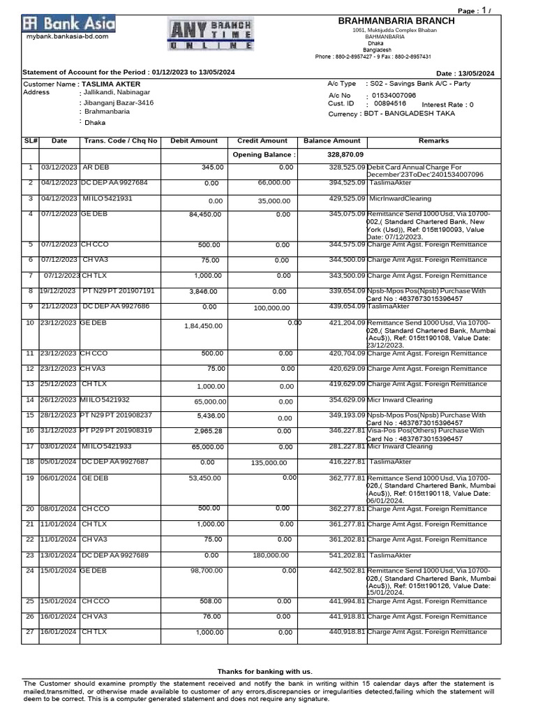 Taslima Akter - Asia Bank Stat - 13-05-24-1 | PDF | Debit Card | Cheque