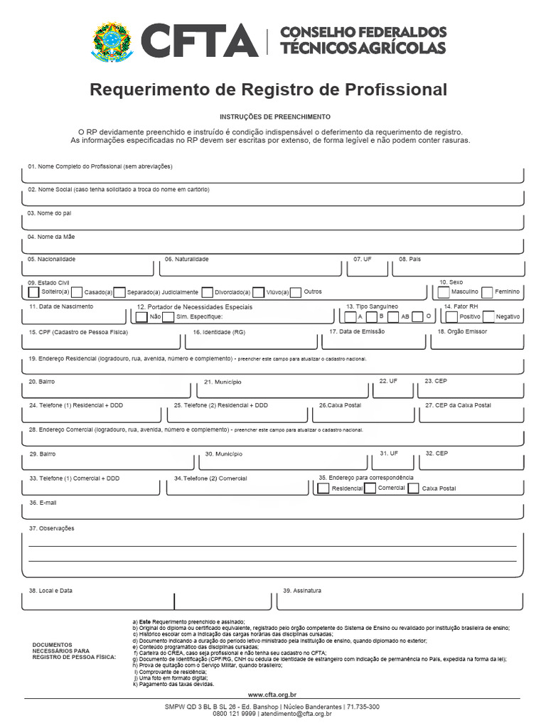 CFTA Formulario Registro Pessoa Fisica | PDF