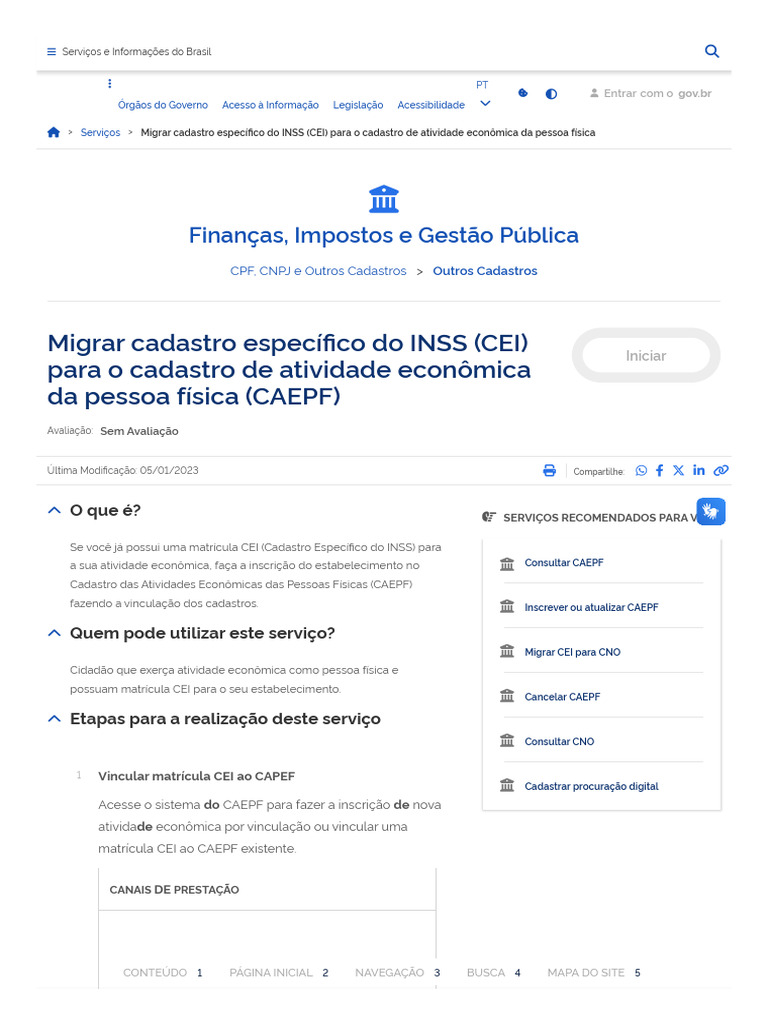 Migrar Cadastro Específico Do INSS (CEI) para o Cadastro de Atividade ...